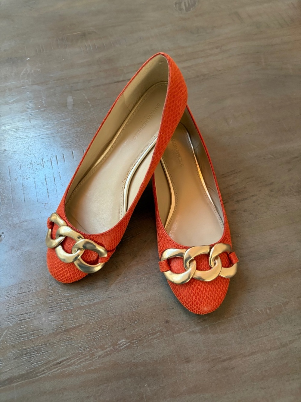 Banana Republic orange, croc embossed ballet flats.